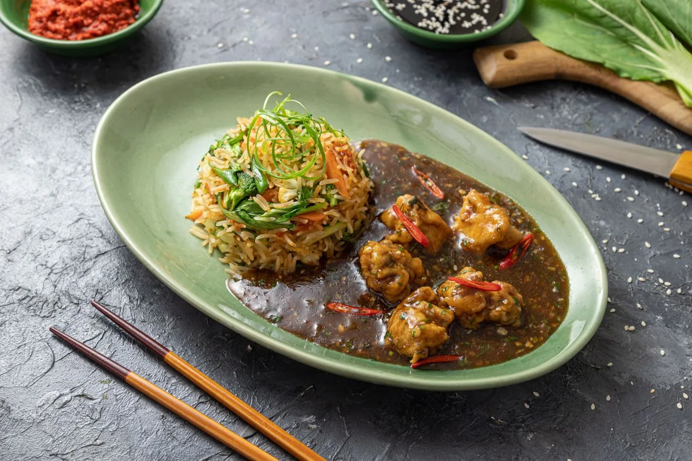 Crispy General Tso's Chicken plated Chinese dinner
