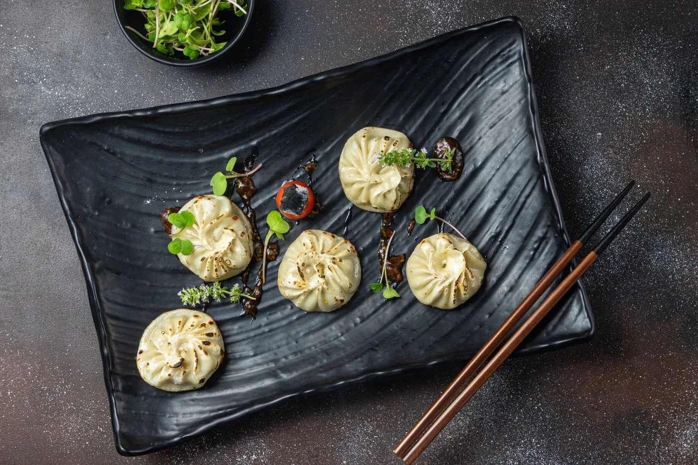 Pork and Shrimp Pot Stickers plated Chinese dinner