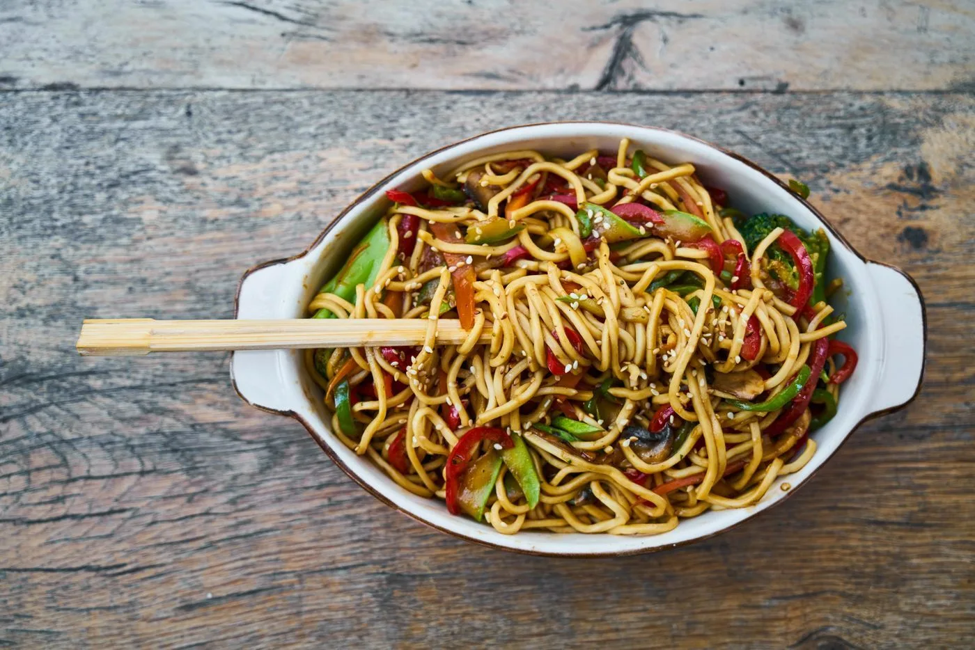Chicken and Vegetable Lo Mein plated Chinese dinner