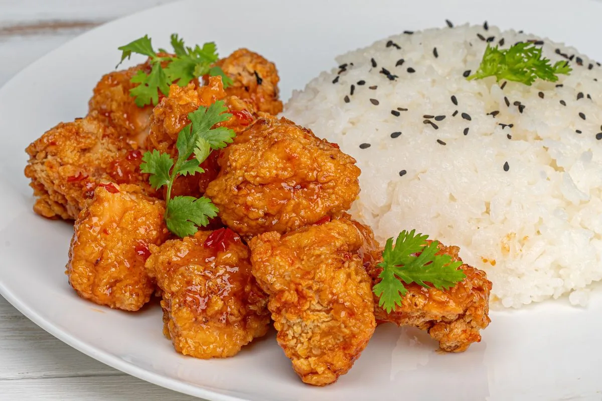 Crispy Orange Chicken plated Chinese dinner