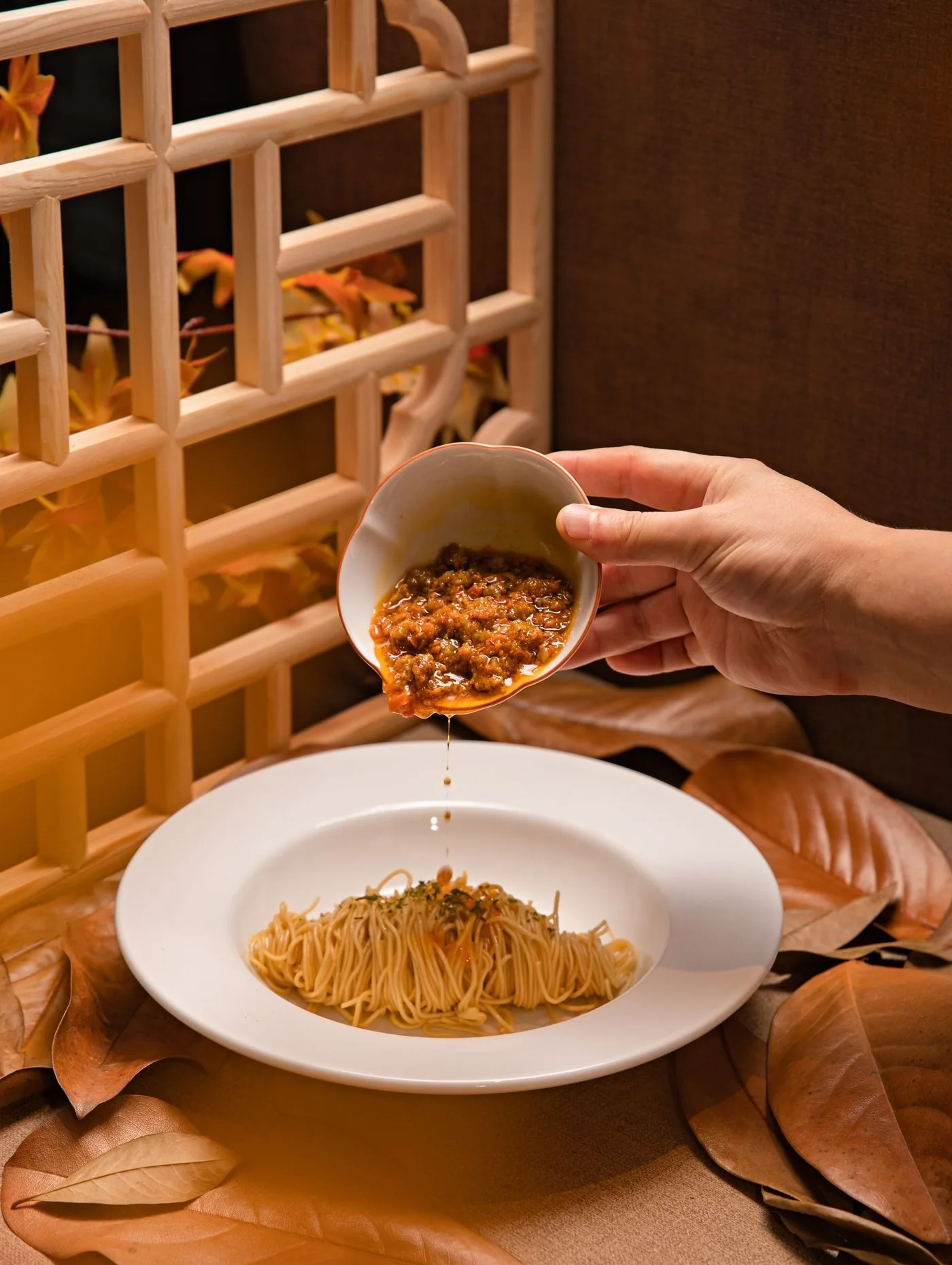 Spicy Dan Dan Noodles plated Chinese dinner
