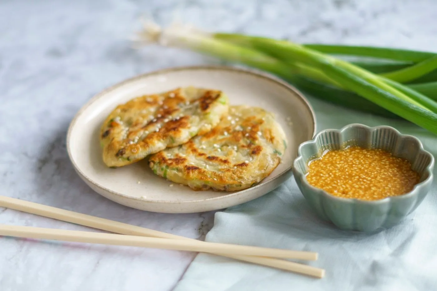 Crispy Scallion Pancakes plated Chinese dinner