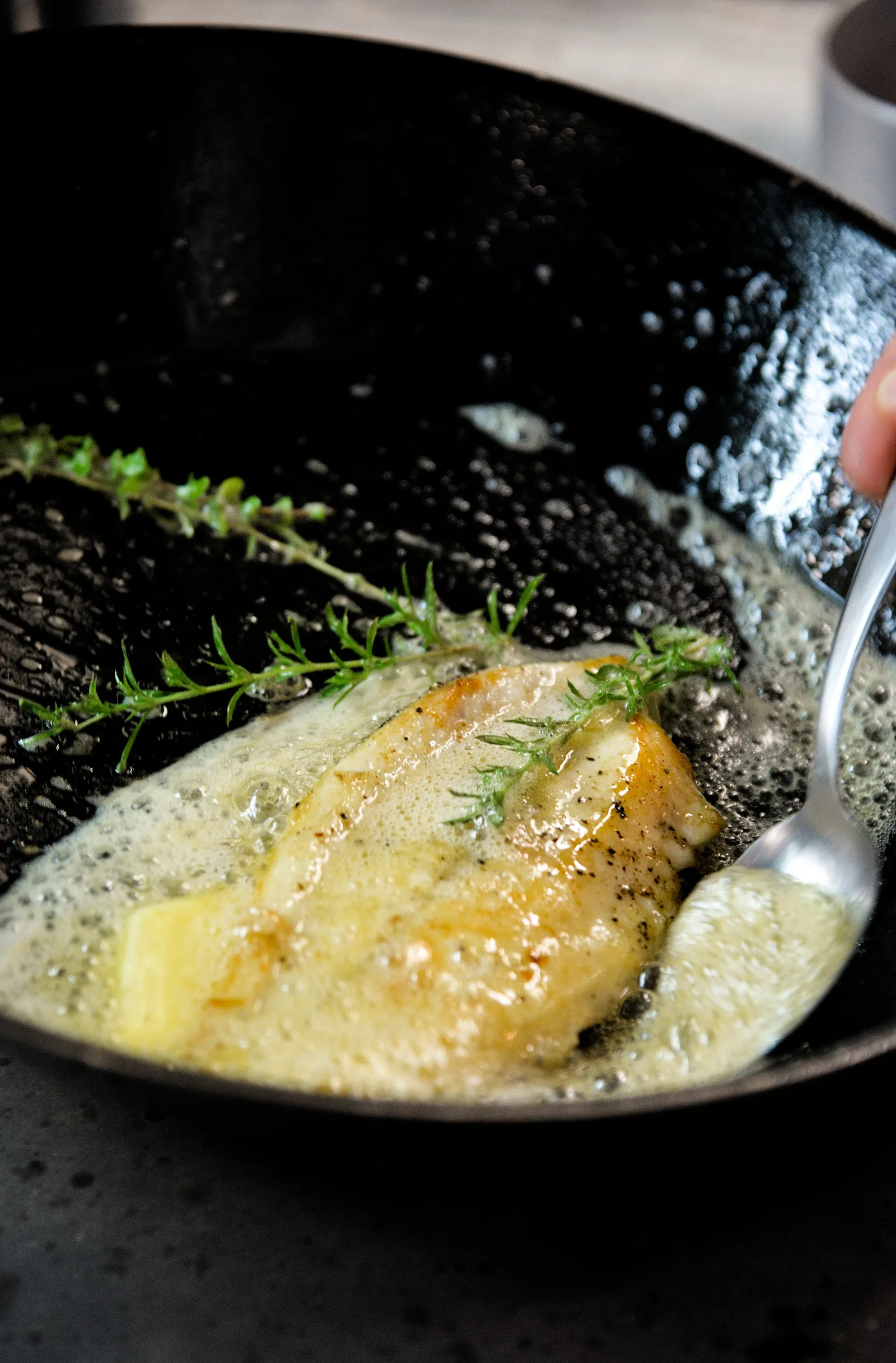 Sole Meunière–Style with Lemon Butter plated French dinner