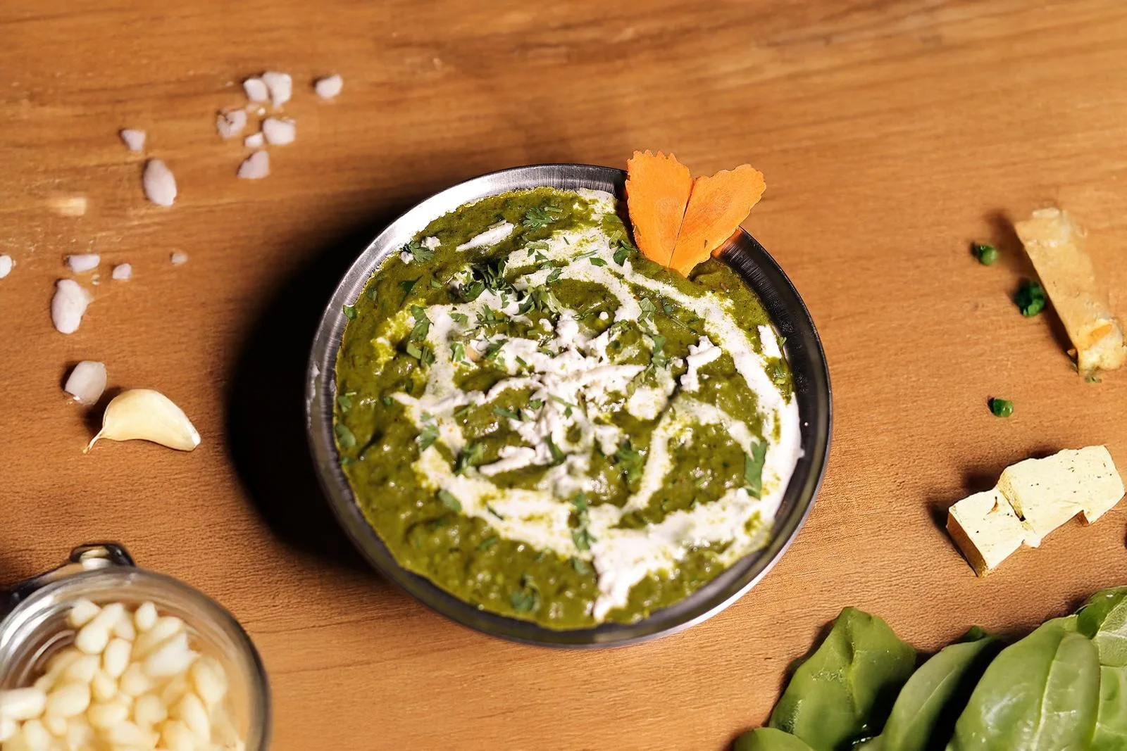 Creamy Palak Paneer plated Indian dinner