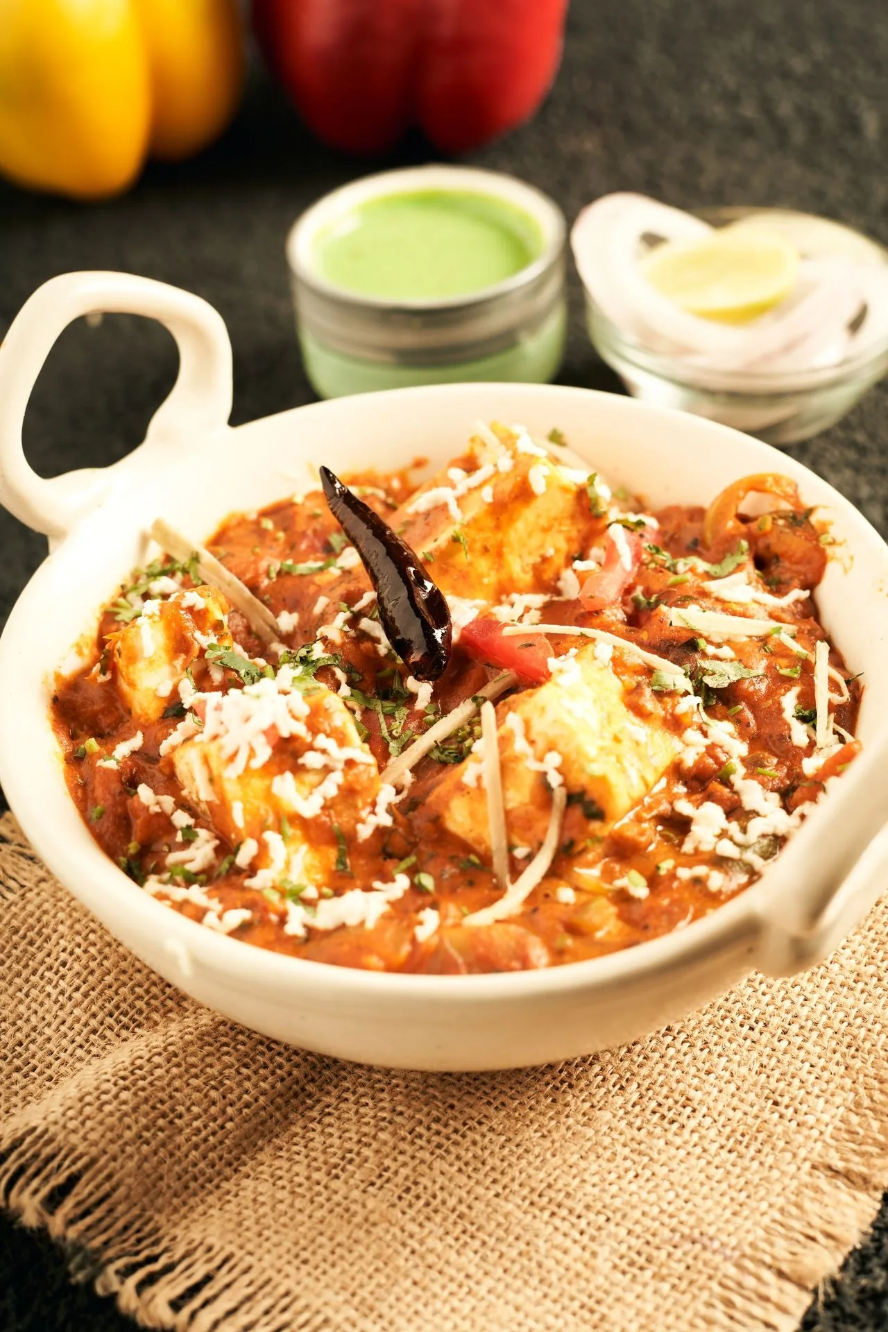 Creamy Matar Paneer plated Indian dinner