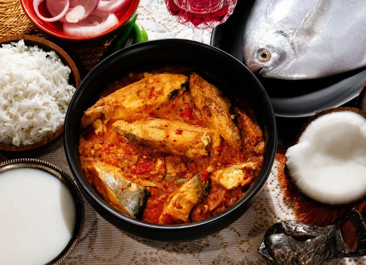 Goan Fish Curry plated Indian dinner