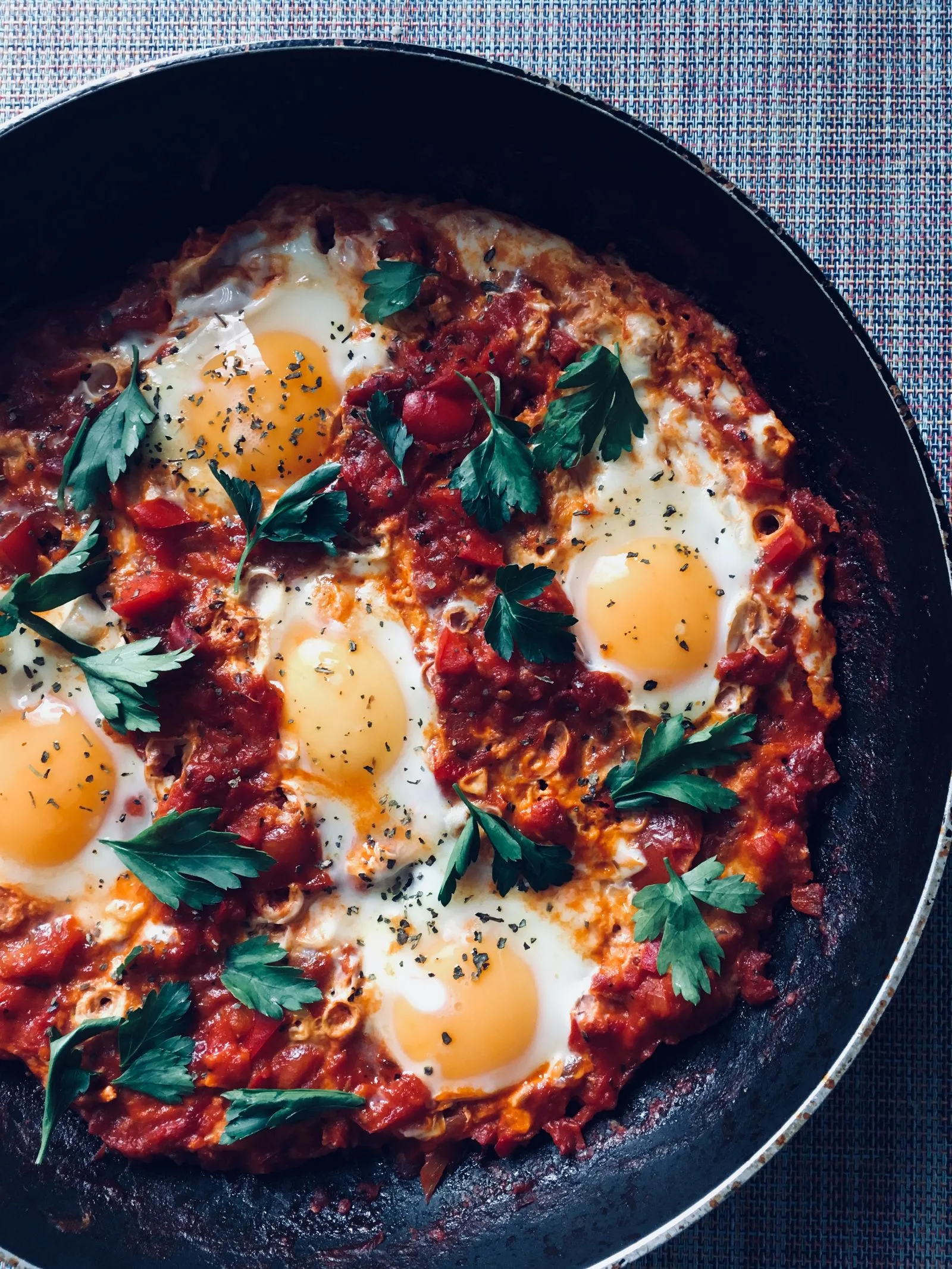 Weeknight Shakshuka plated Mediterranean dinner