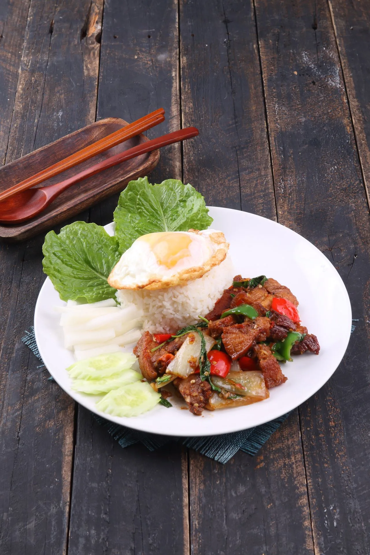 Thai Basil Chicken (Pad Kra Pao Style) plated Thai dinner