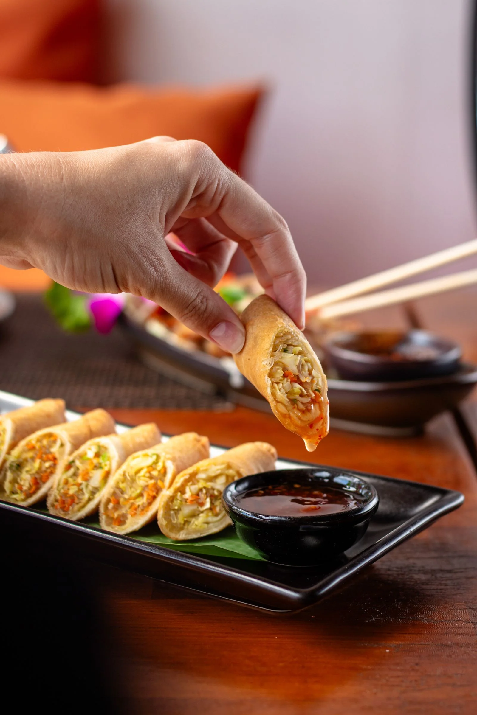 Fresh Thai Spring Rolls plated Thai meal