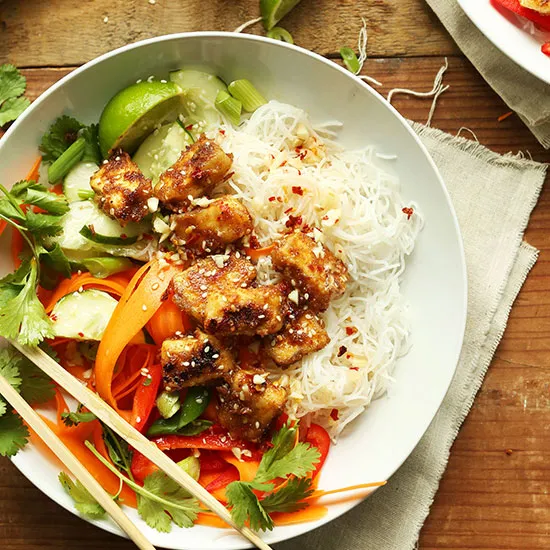 Rice Noodle Bowls with Almond Butter Tofu