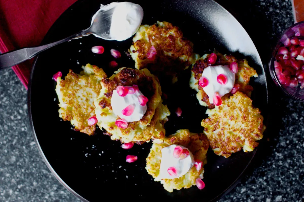 cauliflower-feta fritters with pomegranate