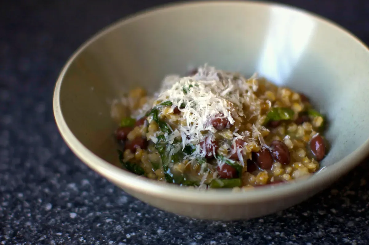 barley risotto with beans and greens