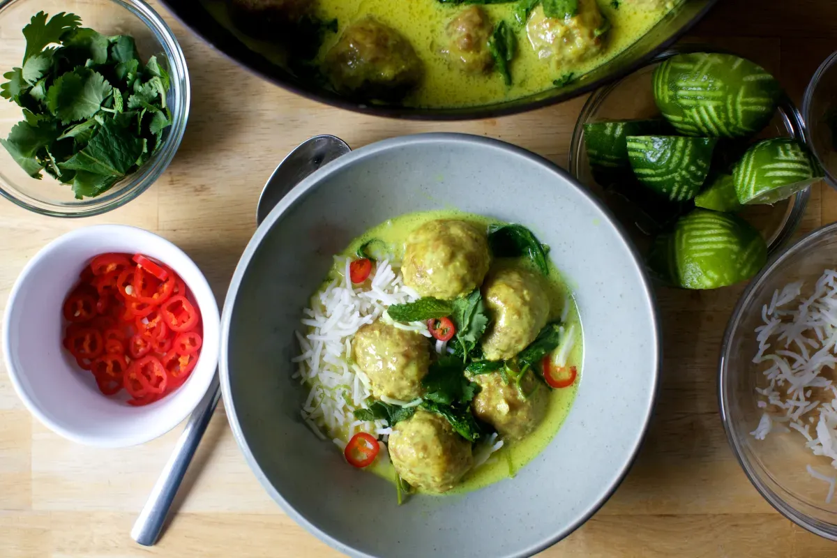 braised ginger meatballs in coconut broth