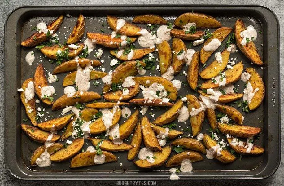 Roasted Potato Wedges with Shawarma Sauce