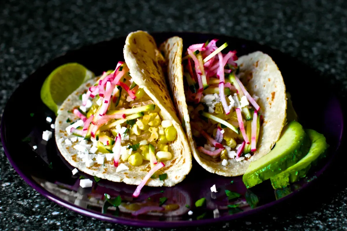 charred corn tacos with zucchini-radish slaw