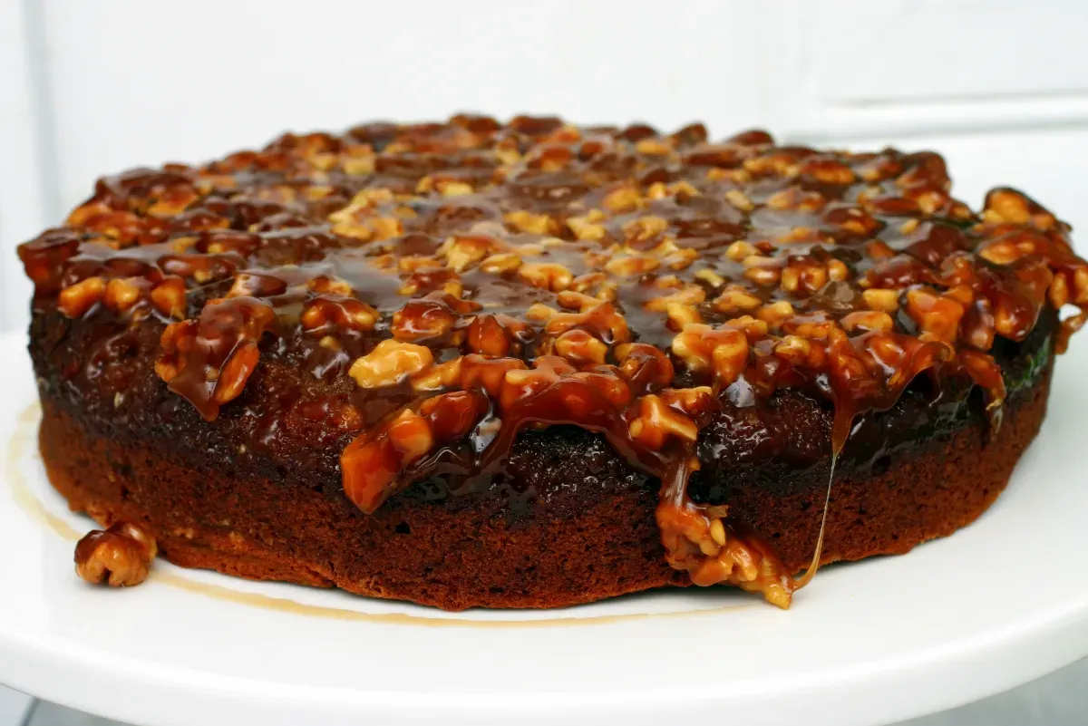 caramel walnut upside down banana cake