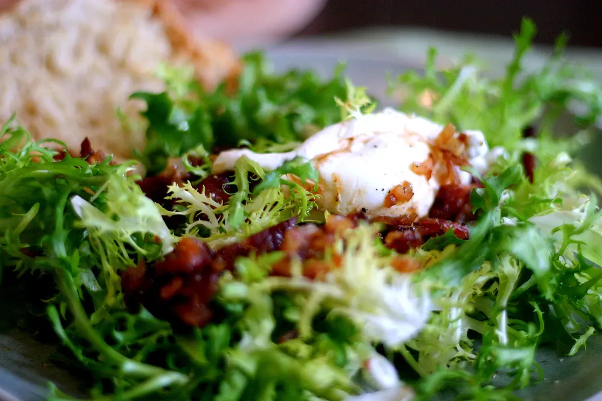 pancakes, english muffins, and frisée salad