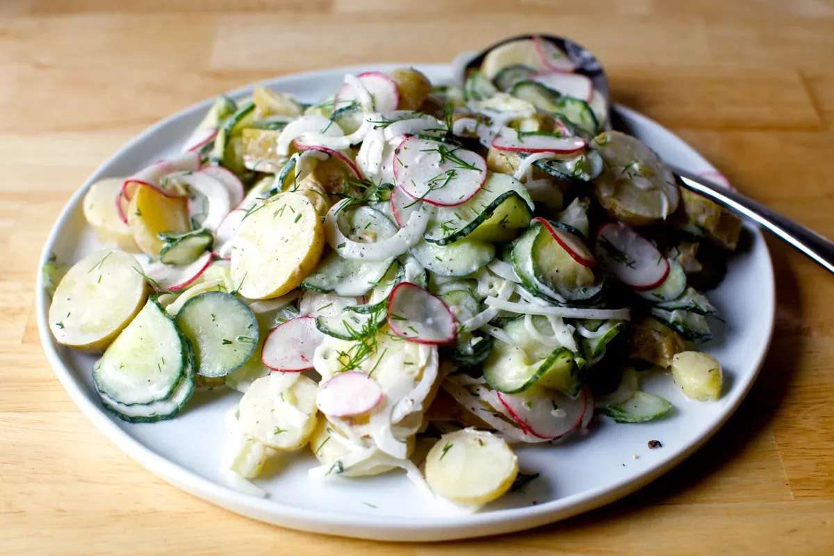 dilled potato and pickled cucumber salad
