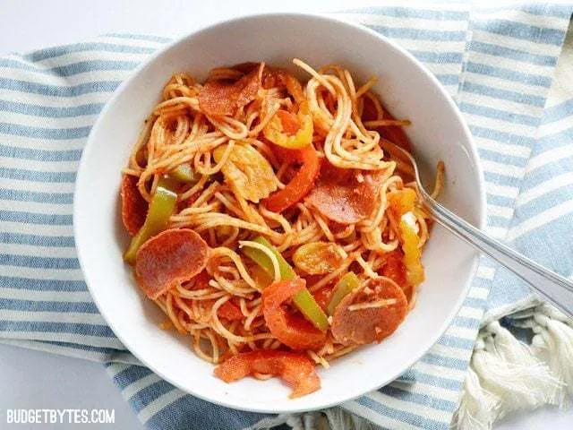 Three Pepper Pasta with Crispy Pepperoni