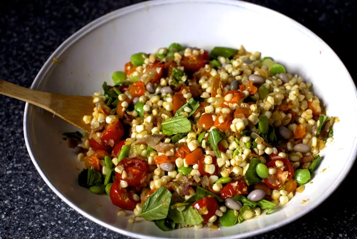 summer succotash with bacon and croutons