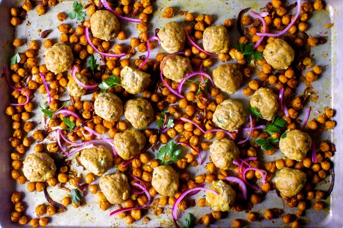 sheet pan meatballs with crispy turmeric chickpeas