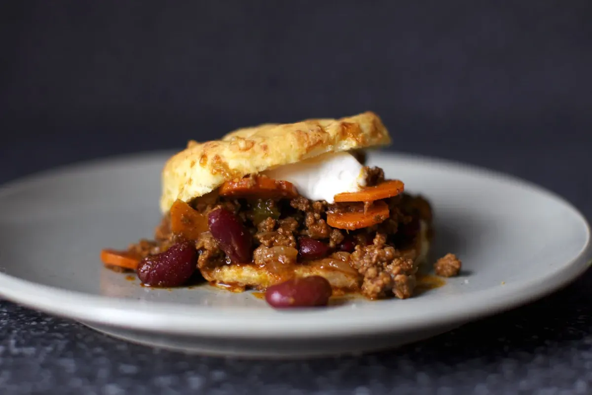 beef chili + sour cream and cheddar biscuits