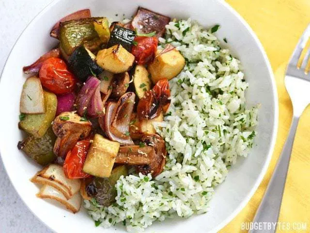 Broiled Balsamic Vegetables with Lemon Parsley Rice