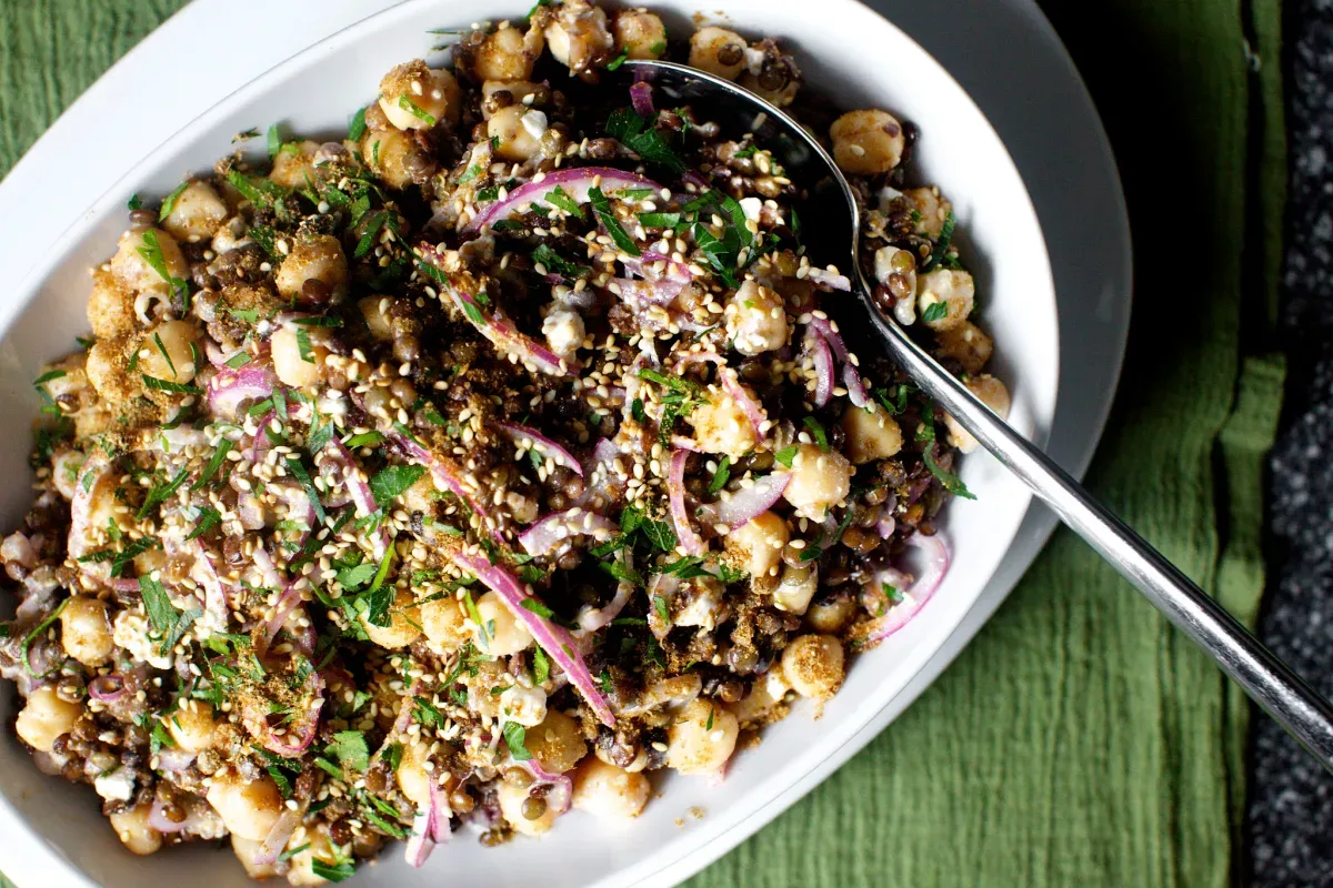 lentil and chickpea salad with feta and tahini