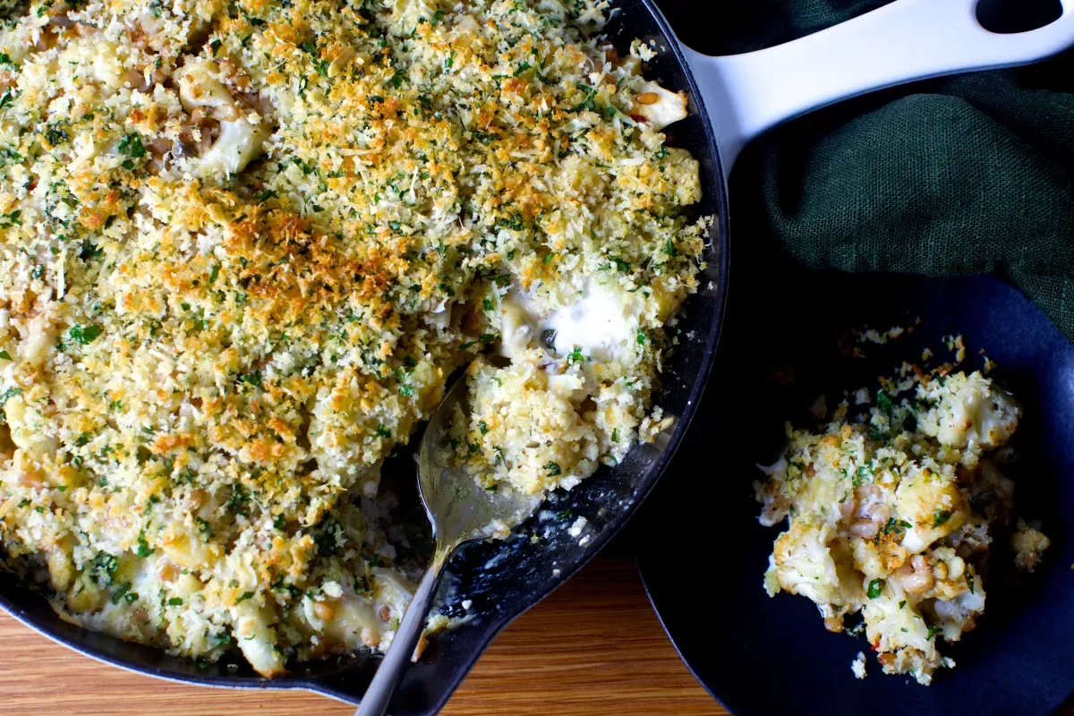 crusty baked cauliflower and farro