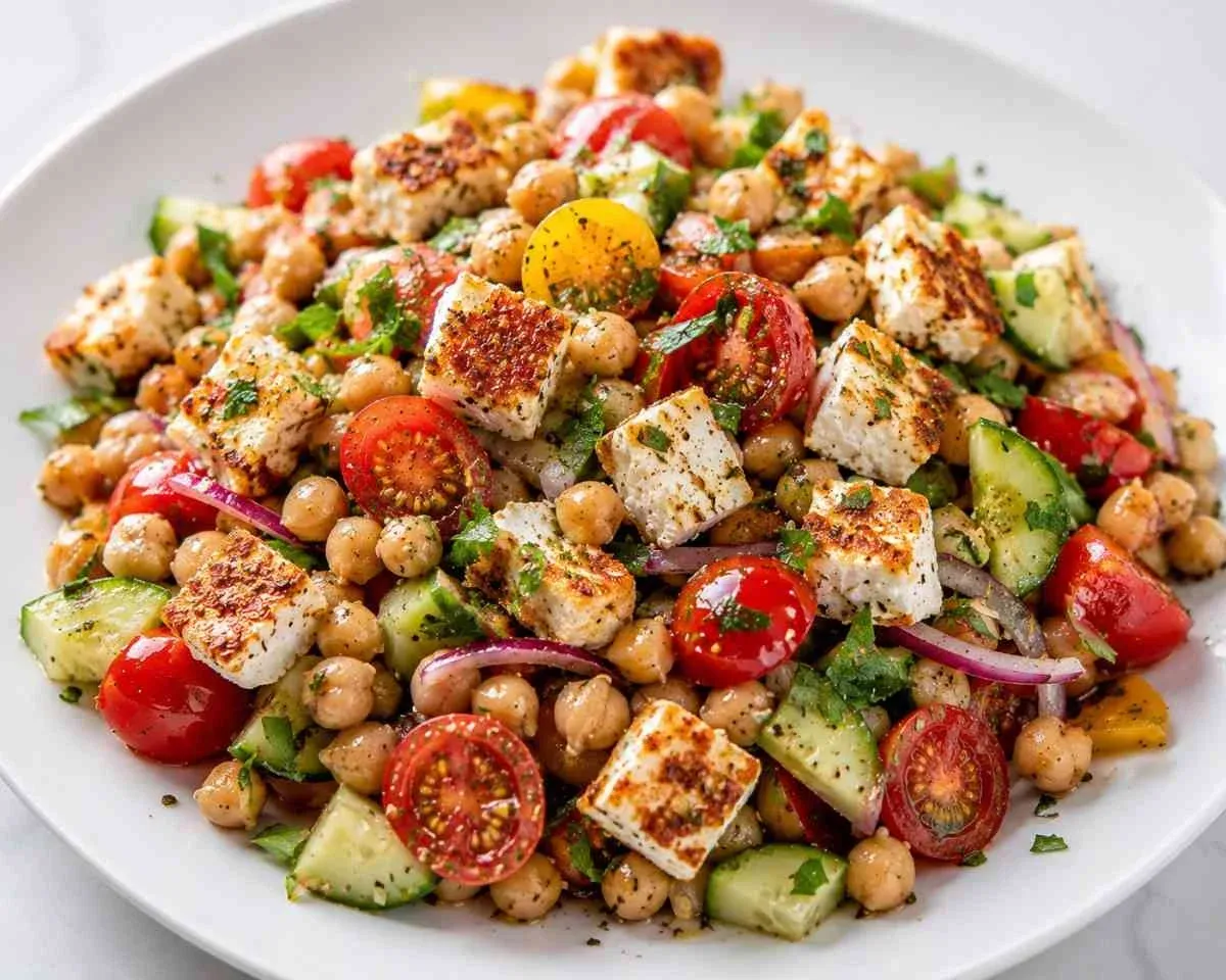 Fresh Chickpea Tomato Salad with Crispy Feta