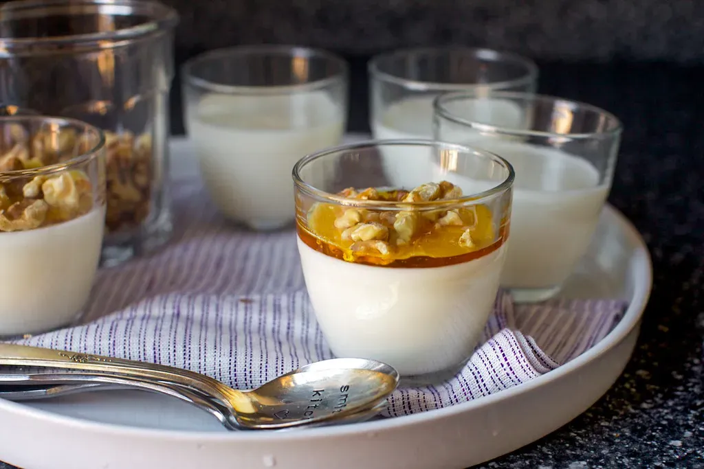 yogurt panna cotta with walnuts and honey