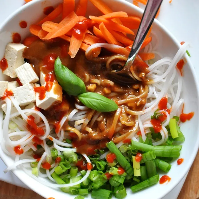Veggie & Rice Noodle Bowl with Ginger Peanut Dressing