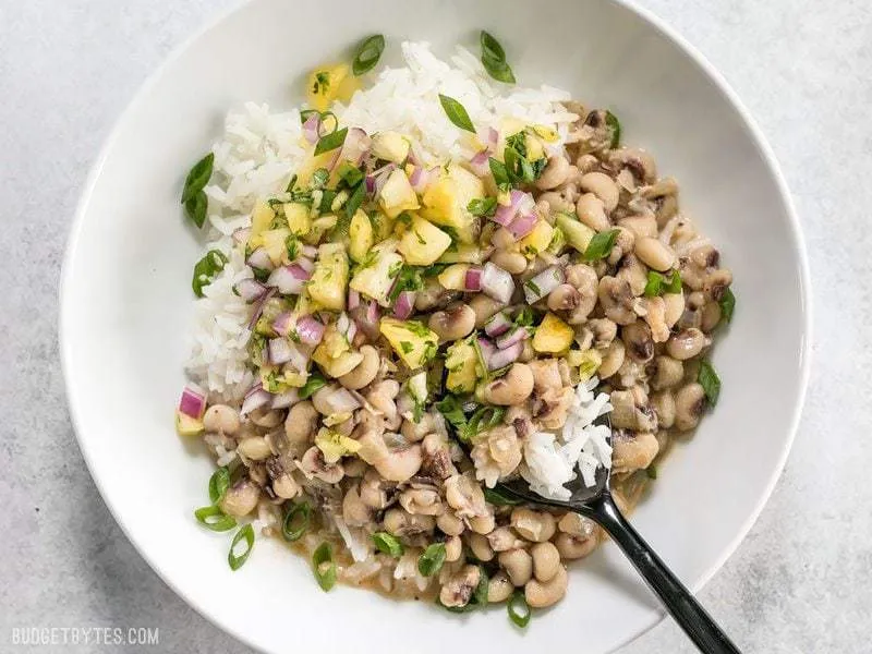 Coconut Jerk Peas with Pineapple Salsa