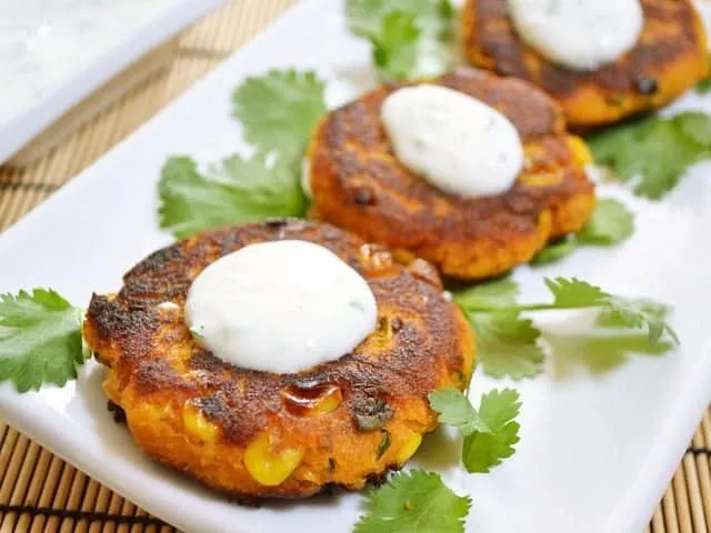 Sweet Potato Corn Cakes with Garlic Dipping Sauce