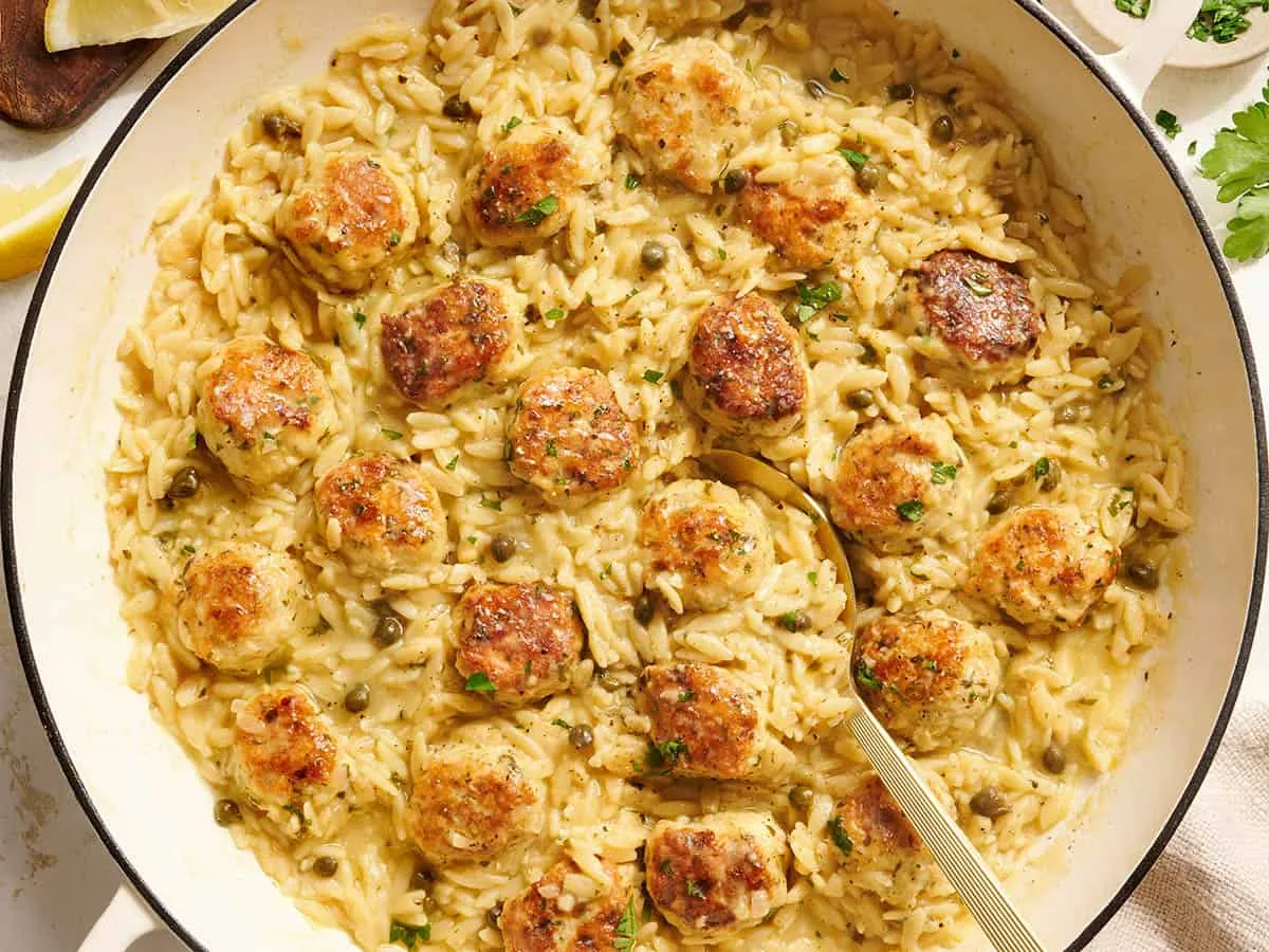 Chicken Piccata Meatballs and Orzo Skillet