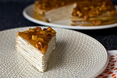 banana bread crepe cake with butterscotch