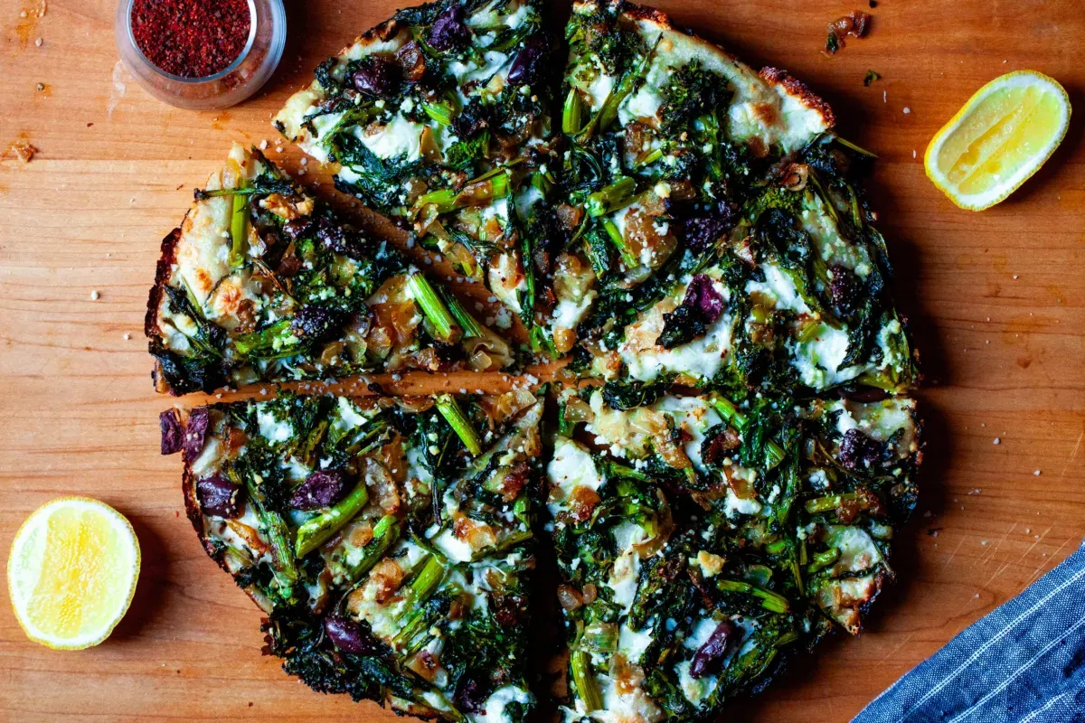 pizza with broccoli rabe and roasted onions