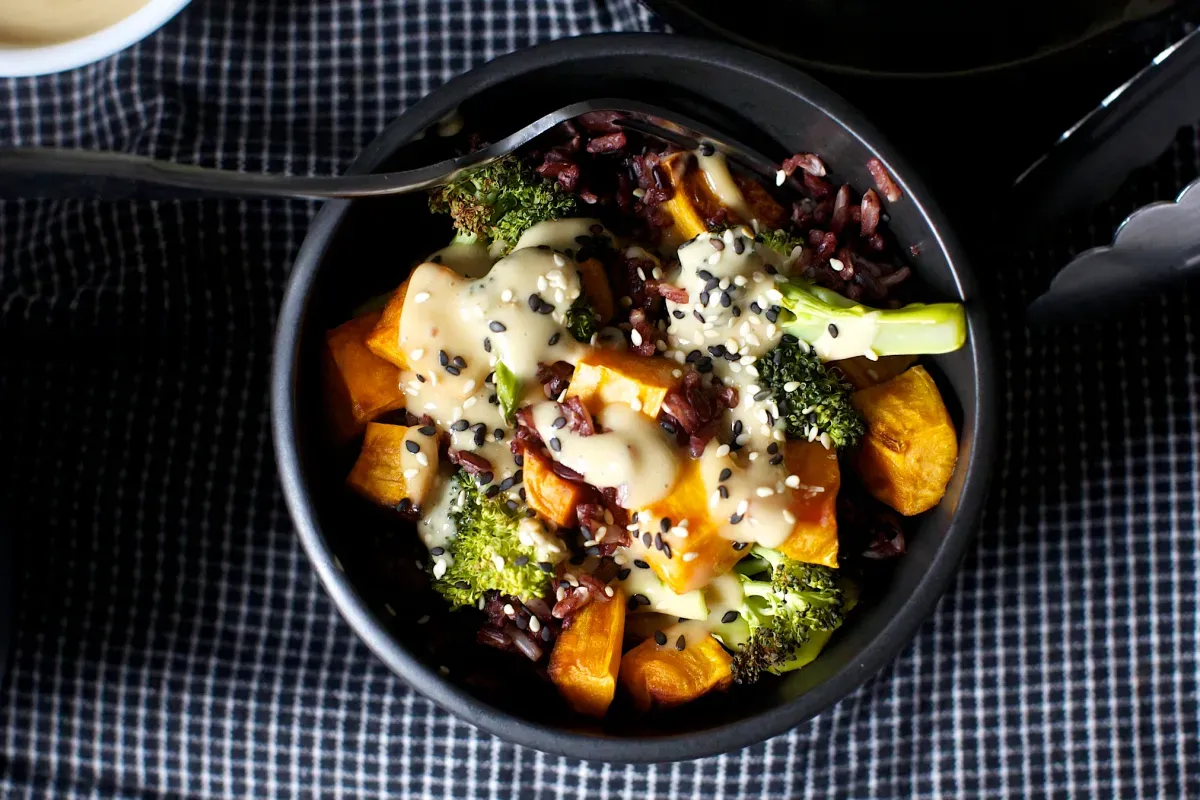 miso sweet potato and broccoli bowl