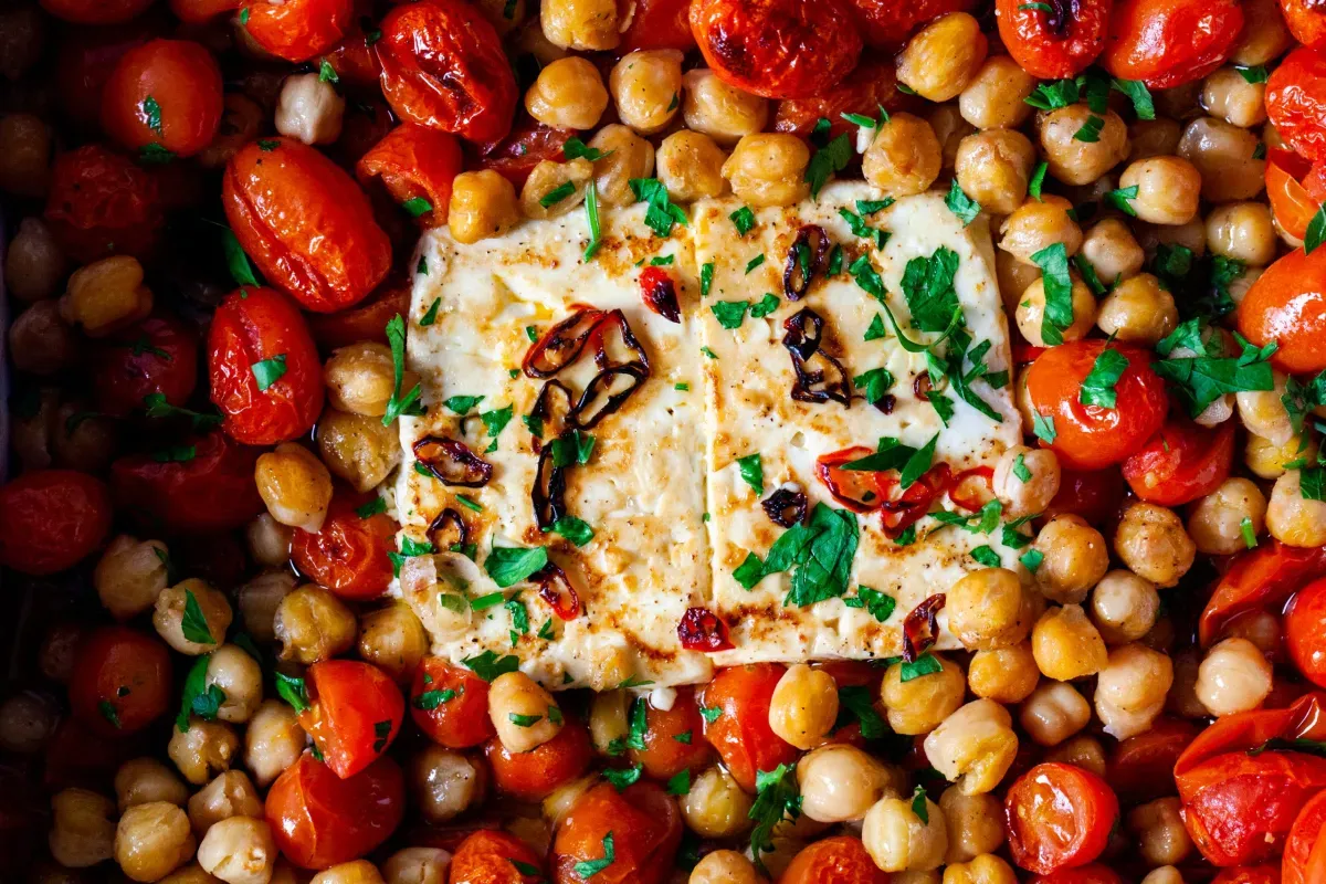 baked feta with tomatoes and chickpeas