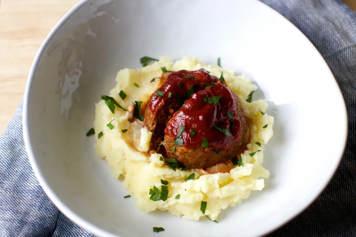 tomato-glazed meatloaves with brown butter mashed potatoes