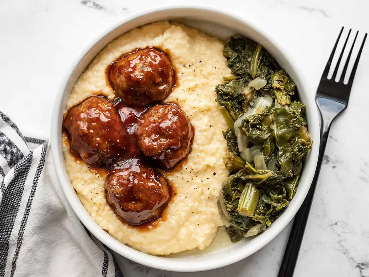 BBQ Meatballs with Cheese Grits