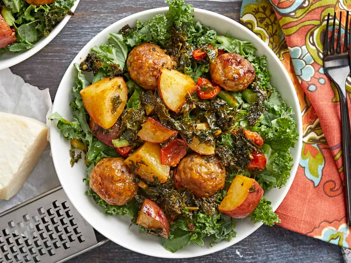 Sausage Meatball and Kale Sheet Pan Meal