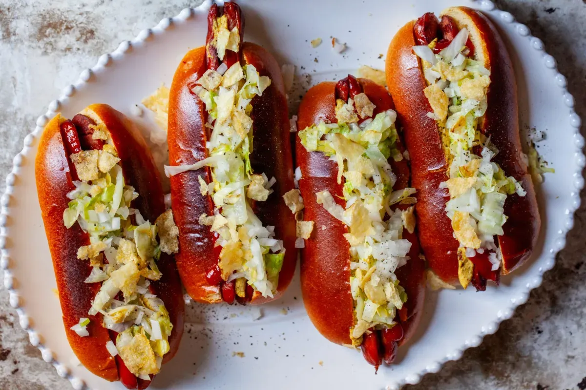 hot dogs with vinegared iceberg and potato chips