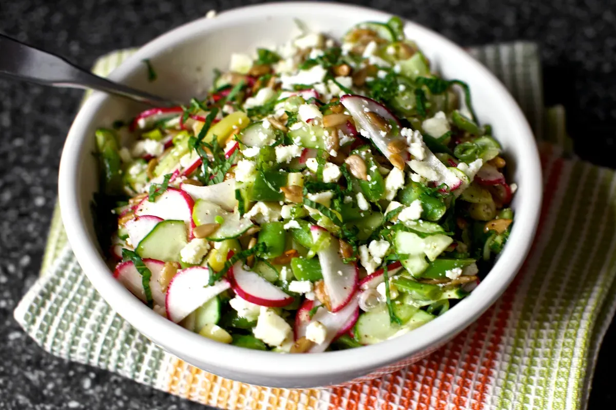 chopped salad with feta, lime and mint