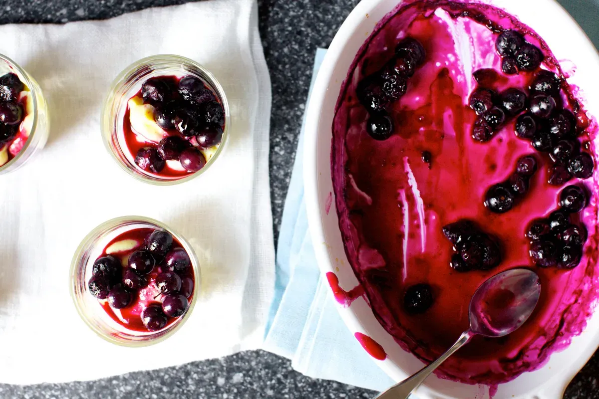 vanilla custards with roasted blueberries