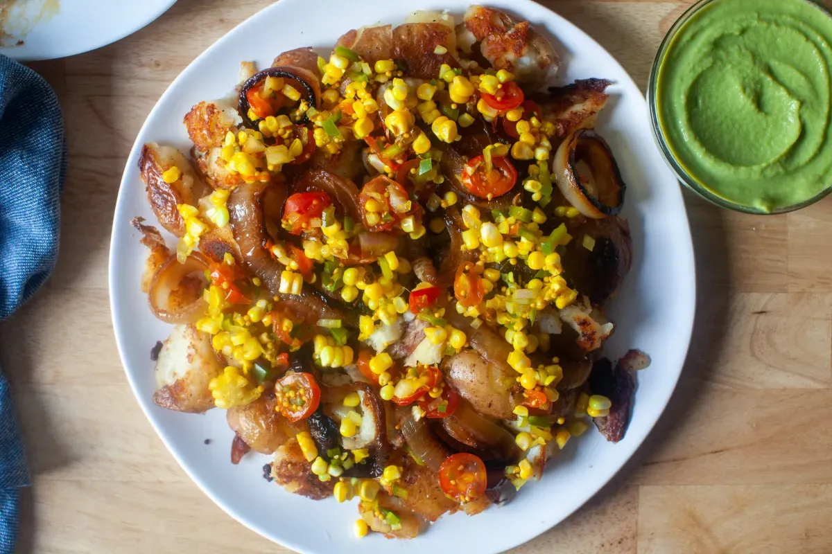 smashed potatoes with sweet corn relish