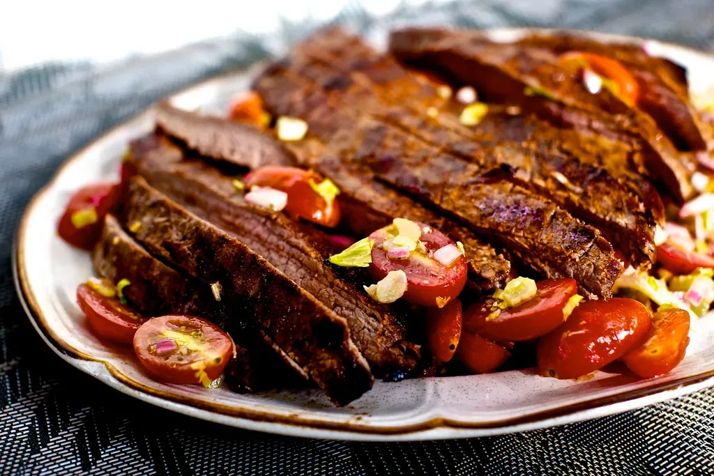 skirt steak with bloody mary tomato salad