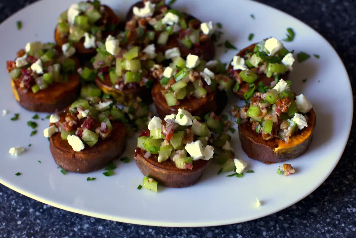 sweet potatoes with pecans and goat cheese