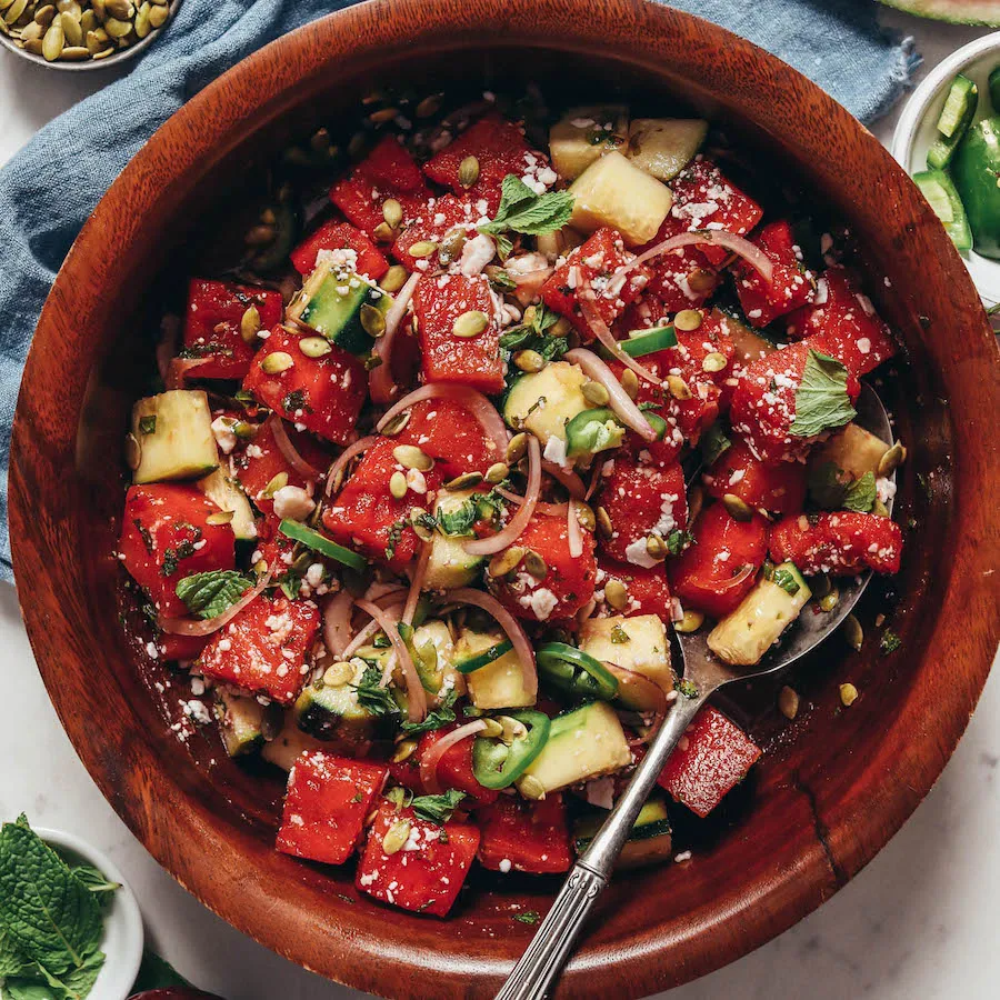 Minty Watermelon Cucumber Salad (Vegan)