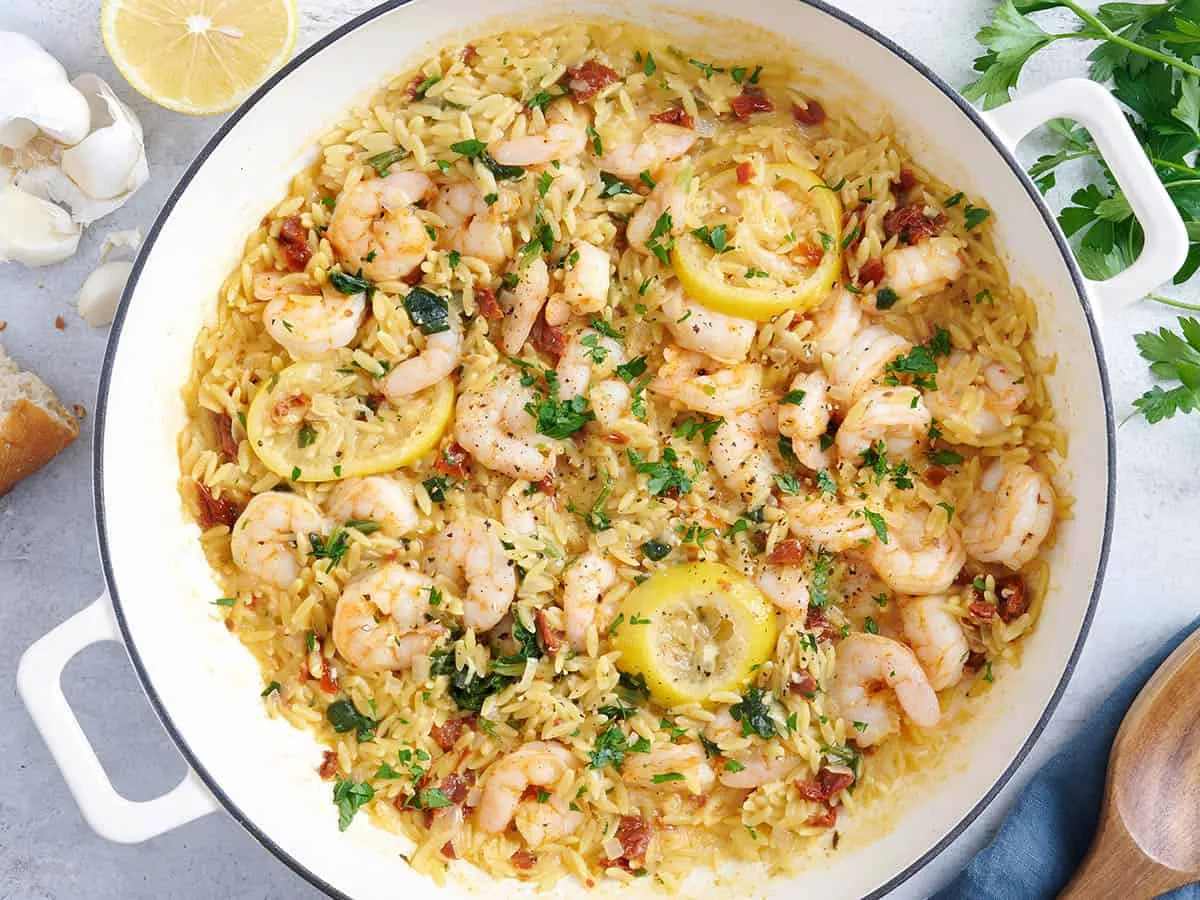 Garlic Shrimp and Orzo Skillet